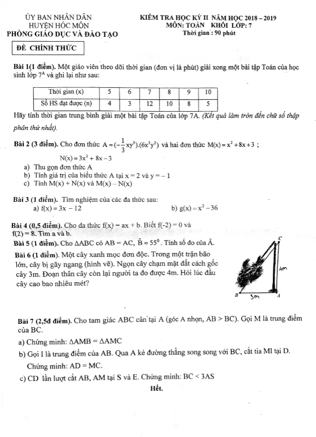 Đề thi HK2 Toán 7 năm 2018 – 2019 phòng GD&ĐT Hóc Môn – TP HCM