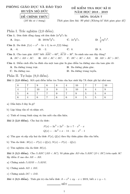 Đề thi HK2 Toán 7 năm 2018 – 2019 phòng GD&ĐT Mộ Đức – Quảng Ngãi