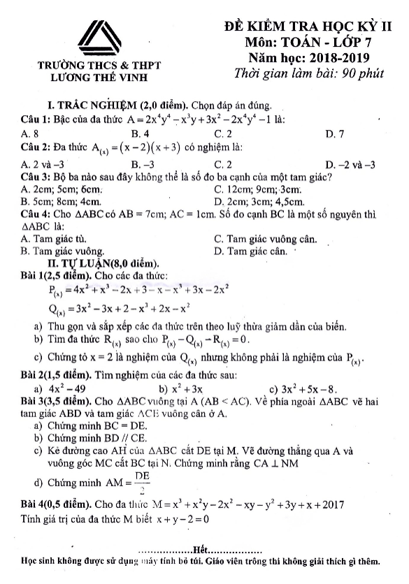 Đề thi HK2 Toán 7 năm 2018 – 2019 trường Lương Thế Vinh – Hà Nội
