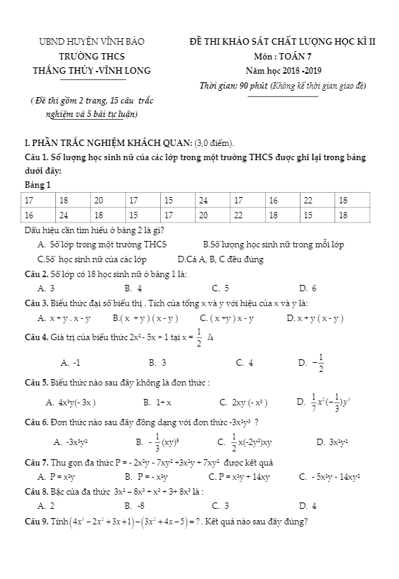 Đề thi HK2 Toán 7 năm 2018 – 2019 trường THCS Thắng Thủy – Vĩnh Long – Hải Phòng