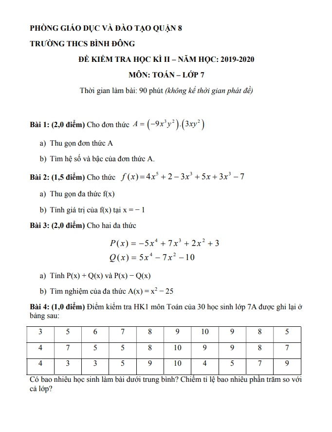 Đề thi HK2 Toán 7 năm 2019 – 2020 trường THCS Bình Đông – TP HCM