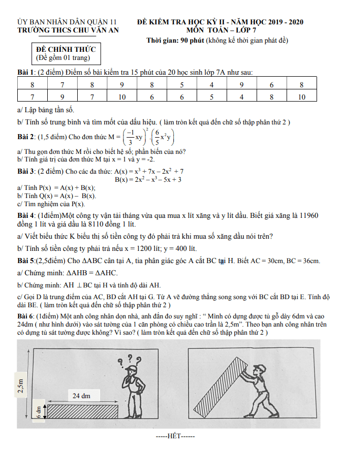 Đề thi HK2 Toán 7 năm 2019 – 2020 trường THCS Chu Văn An – TP HCM