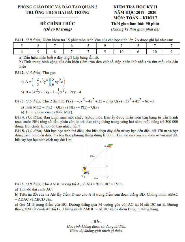 Đề thi HK2 Toán 7 năm 2019 – 2020 trường THCS Hai Bà Trưng – TP HCM