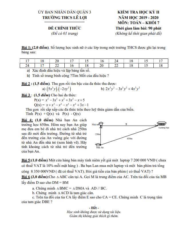 Đề thi HK2 Toán 7 năm 2019 – 2020 trường THCS Lê Lợi – TP HCM