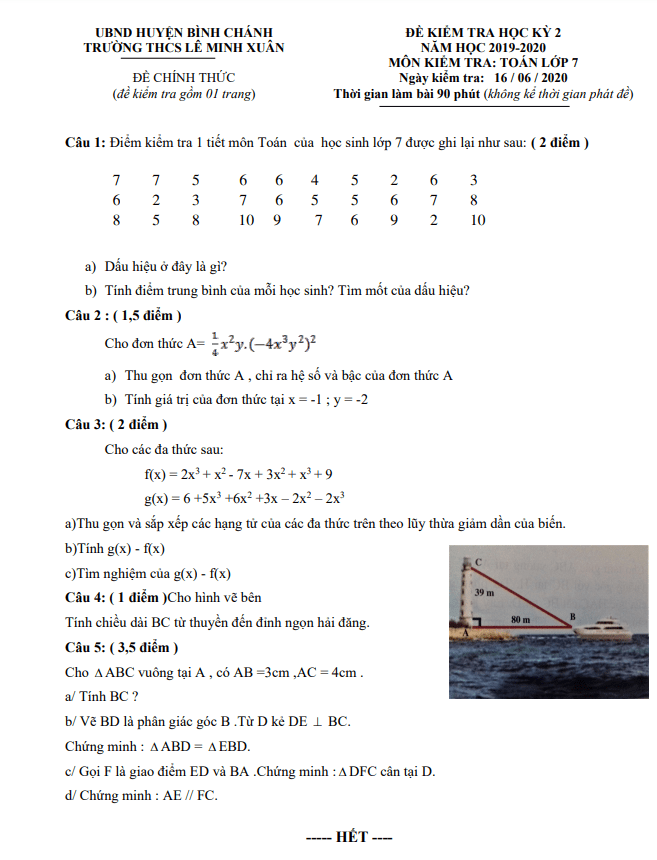 Đề thi HK2 Toán 7 năm 2019 – 2020 trường THCS Lê Minh Xuân – TP HCM