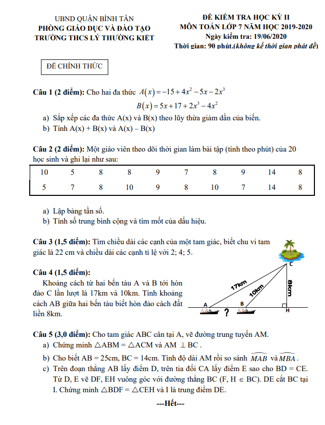 Đề thi HK2 Toán 7 năm 2019 – 2020 trường THCS Lý Thường Kiệt – TP HCM