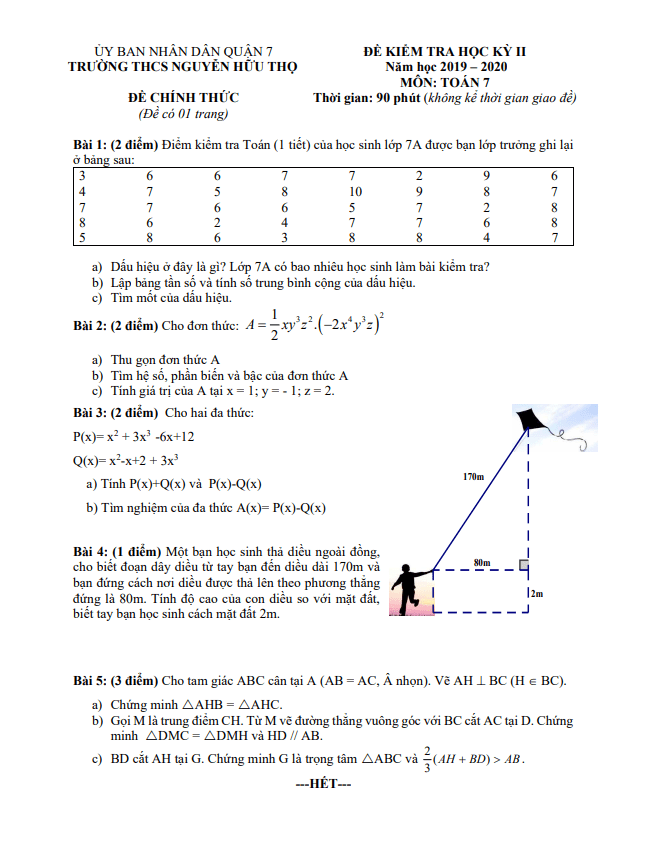 Đề thi HK2 Toán 7 năm 2019 – 2020 trường THCS Nguyễn Hữu Thọ – TP HCM