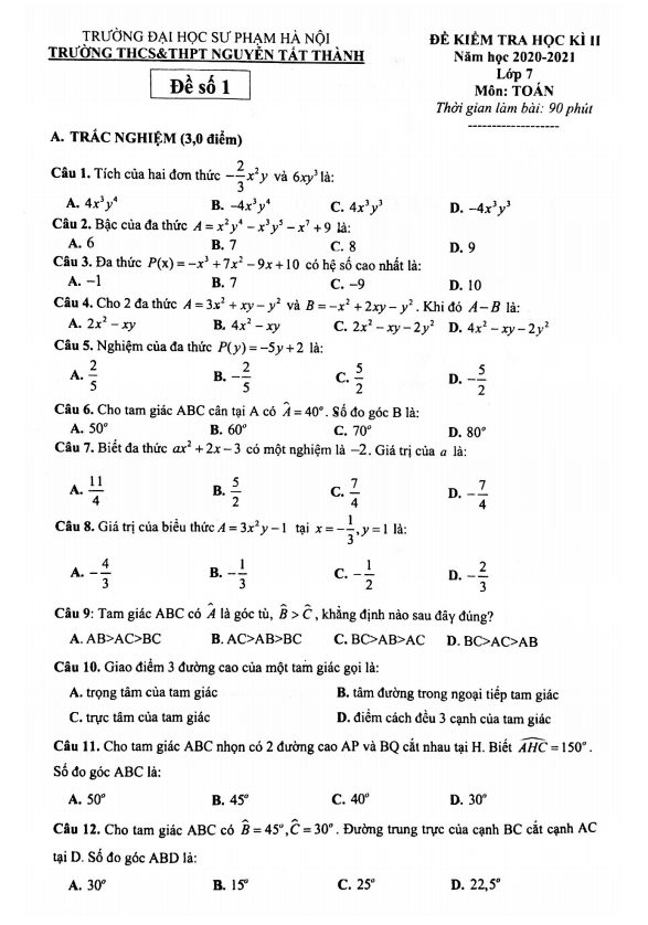 Đề thi HK2 Toán 7 năm 2020 – 2021 trường Nguyễn Tất Thành – Hà Nội