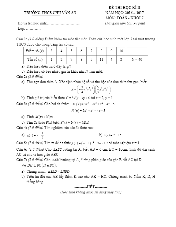 Đề thi HK2 Toán 7 năm học 2016 – 2017 trường THCS Chu Văn An – Quảng Nam