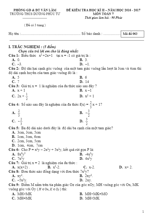 Đề thi HK2 Toán 7 năm học 2016 – 2017 trường THCS Dương Phúc Tư – Hưng Yên