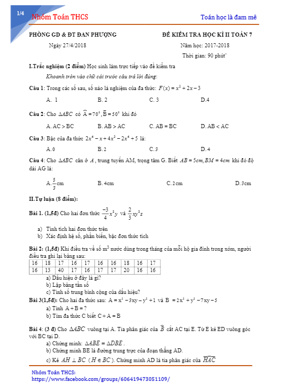 Đề thi HK2 Toán 7 năm học 2017 – 2018 phòng GD và ĐT Đan Phượng – Hà Nội