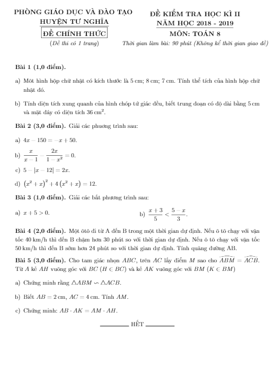 Đề thi HK2 Toán 8 năm 2018 – 2019 phòng GD&ĐT Tư Nghĩa – Quảng Ngãi