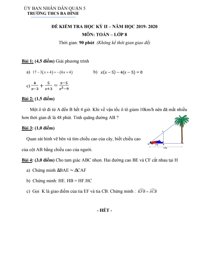 Đề thi HK2 Toán 8 năm 2019 – 2020 trường THCS Ba Đình – TP HCM