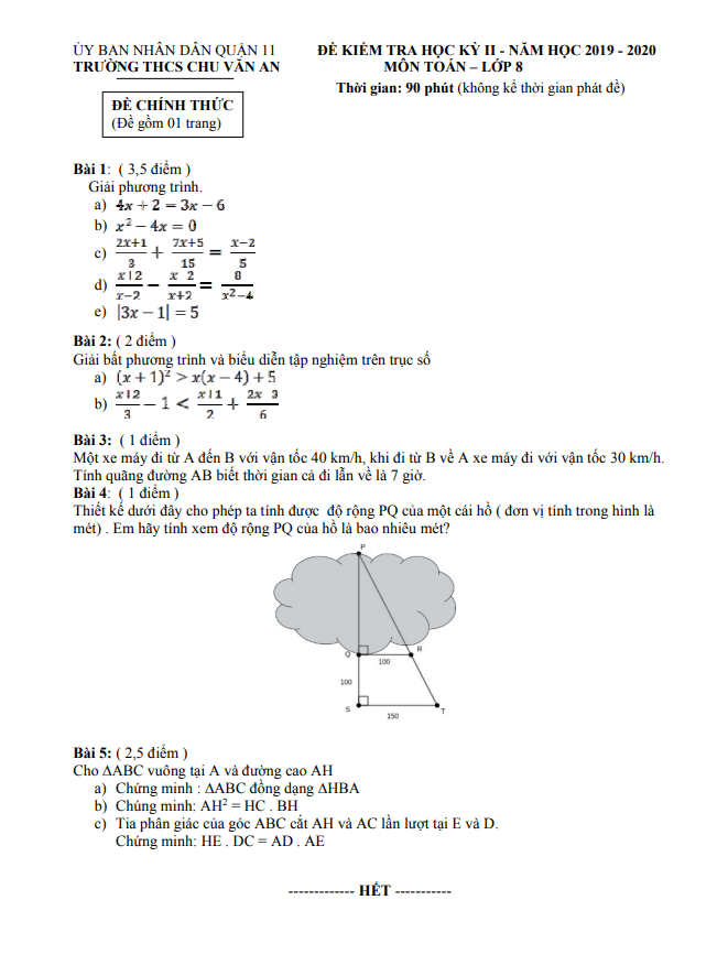 Đề thi HK2 Toán 8 năm 2019 – 2020 trường THCS Chu Văn An – TP HCM
