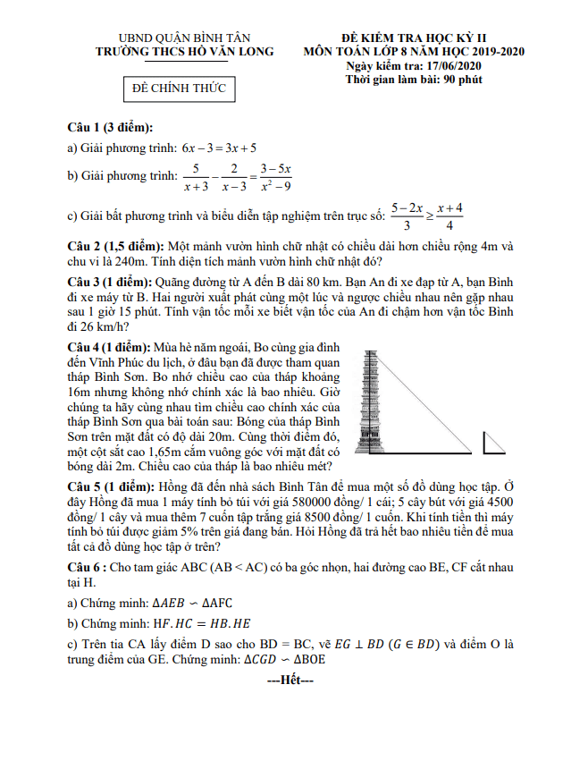 Đề thi HK2 Toán 8 năm 2019 – 2020 trường THCS Hồ Văn Long – TP HCM