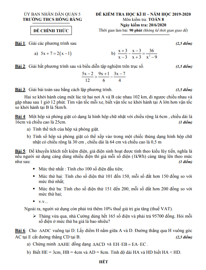 Đề thi HK2 Toán 8 năm 2019 – 2020 trường THCS Hồng Bàng – TP HCM