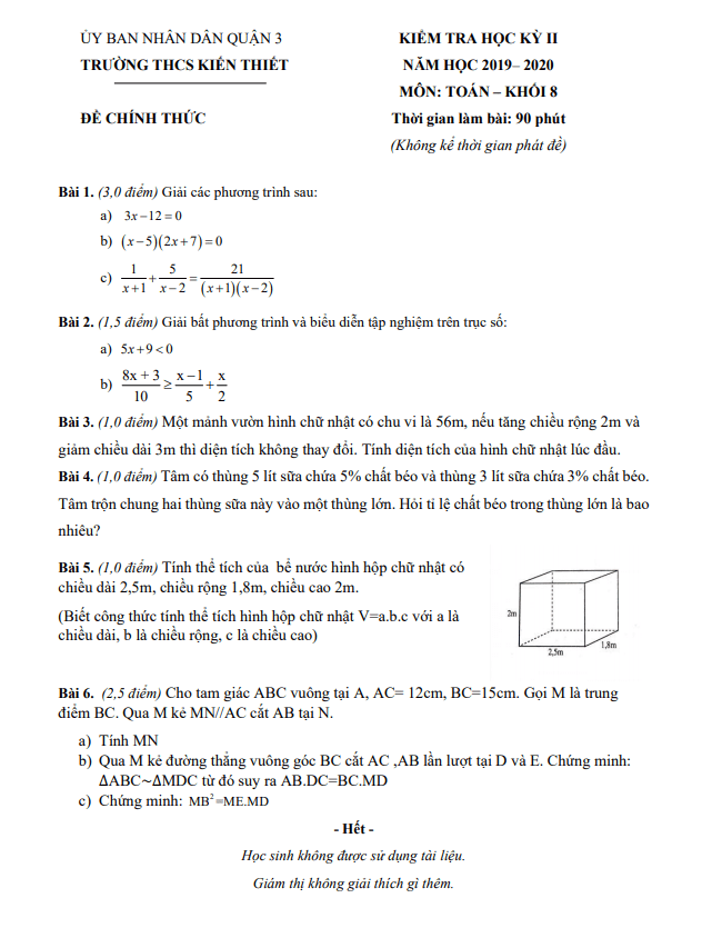 Đề thi HK2 Toán 8 năm 2019 – 2020 trường THCS Kiến Thiết – TP HCM