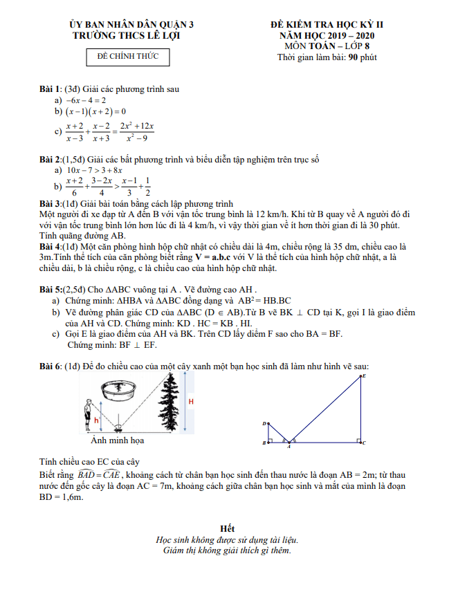 Đề thi HK2 Toán 8 năm 2019 – 2020 trường THCS Lê Lợi – TP HCM