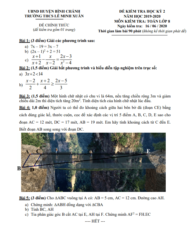 Đề thi HK2 Toán 8 năm 2019 – 2020 trường THCS Lê Minh Xuân – TP HCM