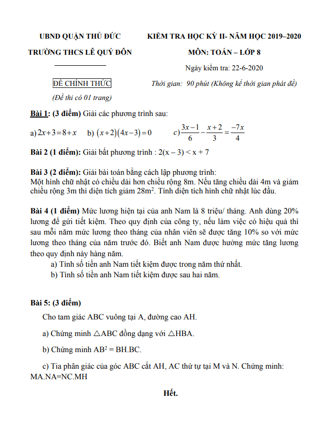 Đề thi HK2 Toán 8 năm 2019 – 2020 trường THCS Lê Quý Đôn – TP HCM
