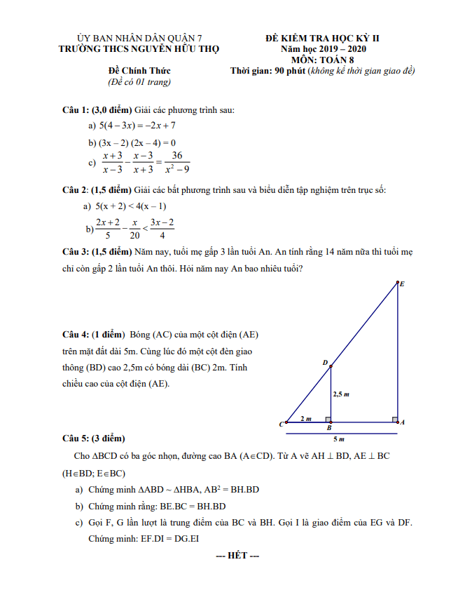 Đề thi HK2 Toán 8 năm 2019 – 2020 trường THCS Nguyễn Hữu Thọ – TP HCM