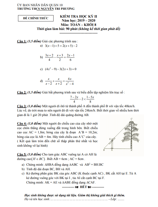 Đề thi HK2 Toán 8 năm 2019 – 2020 trường THCS Nguyễn Tri Phương – TP HCM