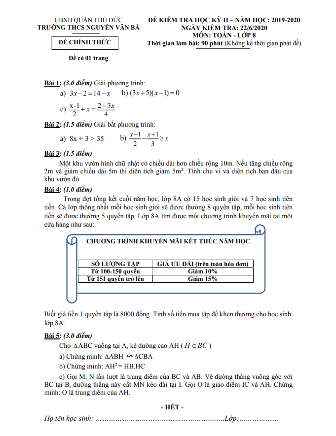 Đề thi HK2 Toán 8 năm 2019 – 2020 trường THCS Nguyễn Văn Bá – TP HCM