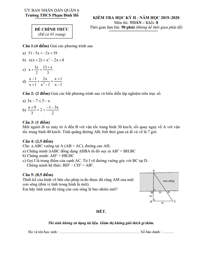 Đề thi HK2 Toán 8 năm 2019 – 2020 trường THCS Phạm Đình Hổ – TP HCM
