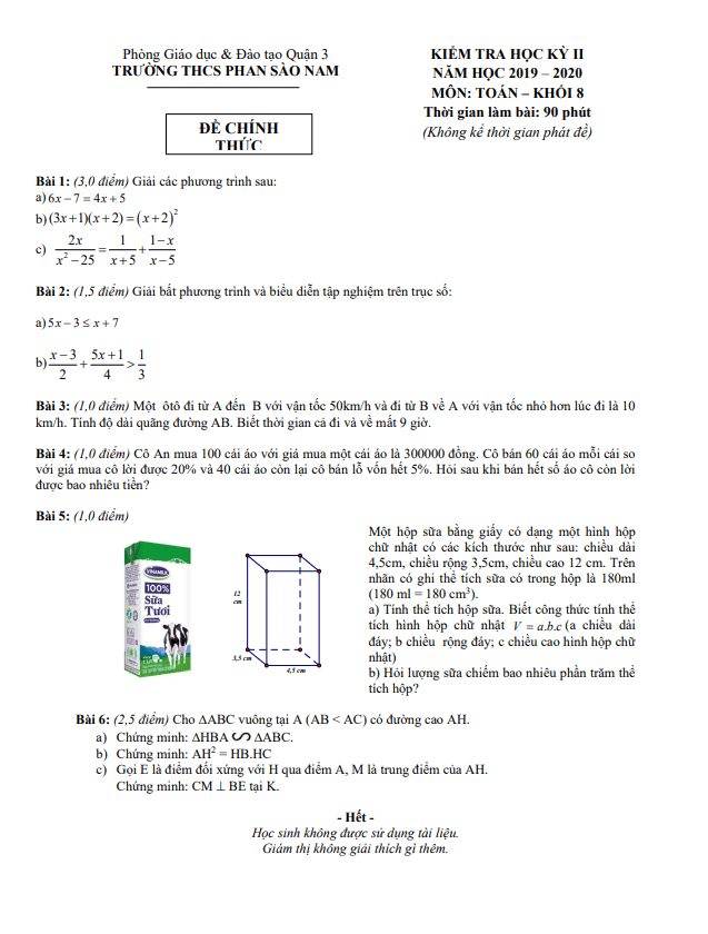 Đề thi HK2 Toán 8 năm 2019 – 2020 trường THCS Phan Sào Nam – TP HCM