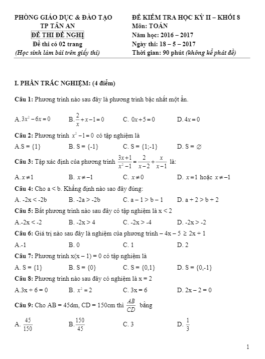 Đề thi HK2 Toán 8 năm học 2016 – 2017 phòng GD và ĐT thành phố Tân An – Long An