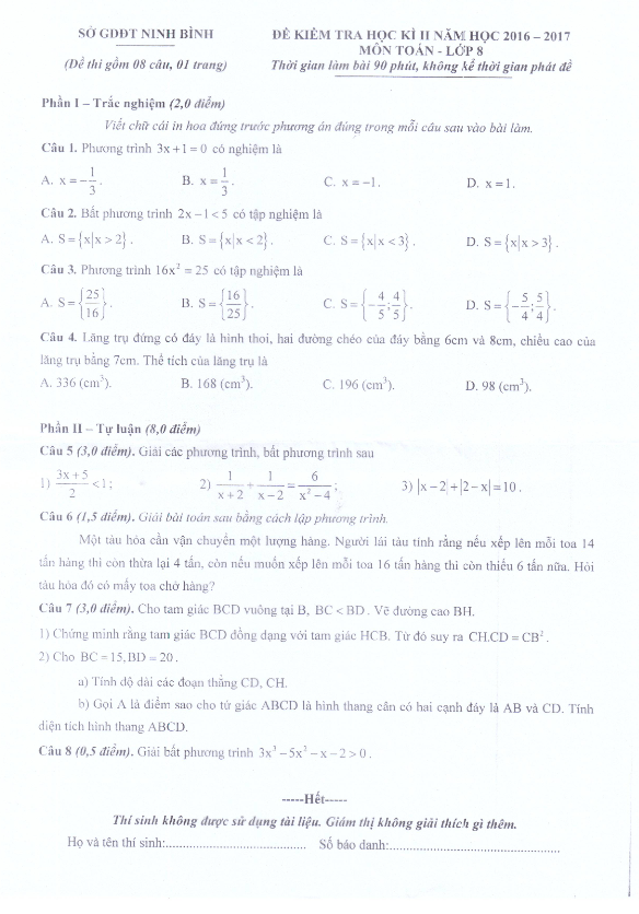 Đề thi HK2 Toán 8 năm học 2016 – 2017 sở GD và ĐT Ninh Bình