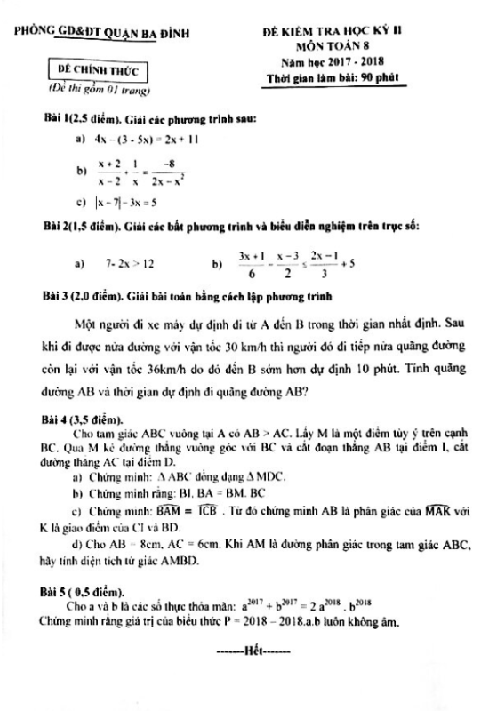 Đề thi HK2 Toán 8 năm học 2017 – 2018 phòng GD và ĐT Ba Đình – Hà Nội