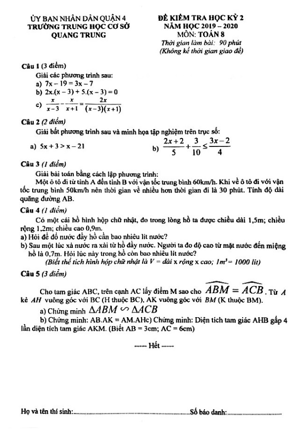 Đề thi HK2 Toán 8 năm học 2019 – 2020 trường THCS Quang Trung – TP HCM