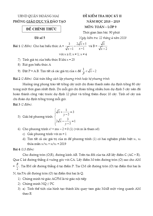 Đề thi HK2 Toán 9 năm 2018 – 2019 phòng GD&ĐT Hoàng Mai – Hà Nội