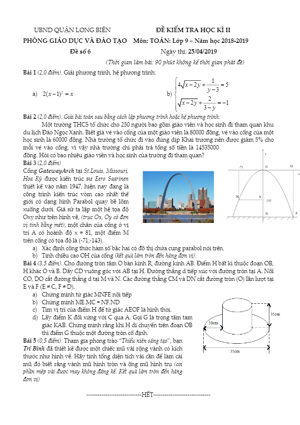 Đề thi HK2 Toán 9 năm 2018 – 2019 phòng GD&ĐT Long Biên – Hà Nội