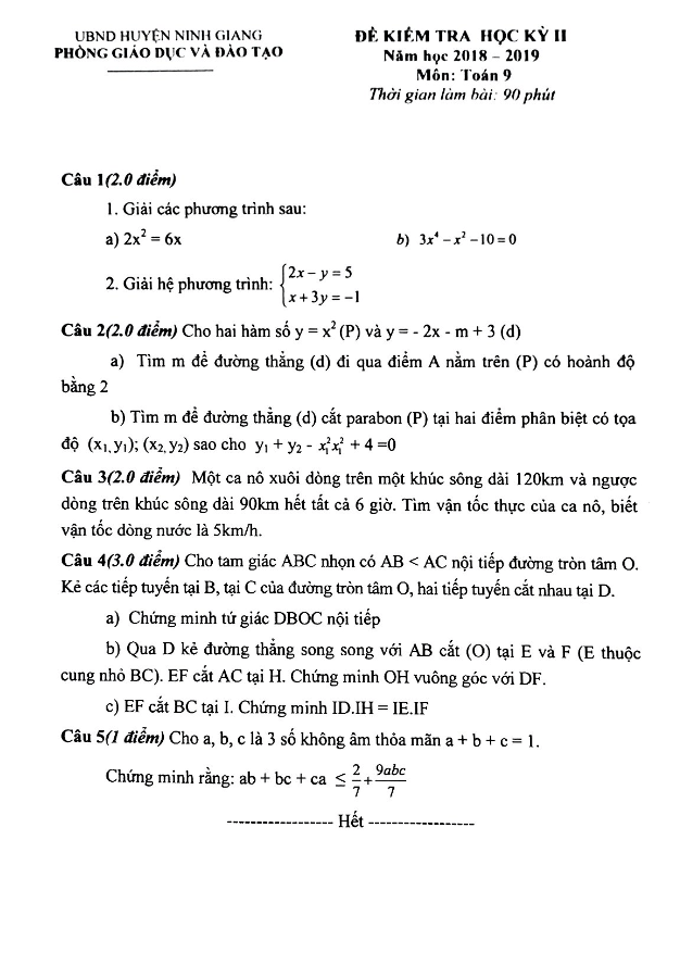 Đề thi HK2 Toán 9 năm 2018 – 2019 phòng GD&ĐT Ninh Giang – Hải Dương