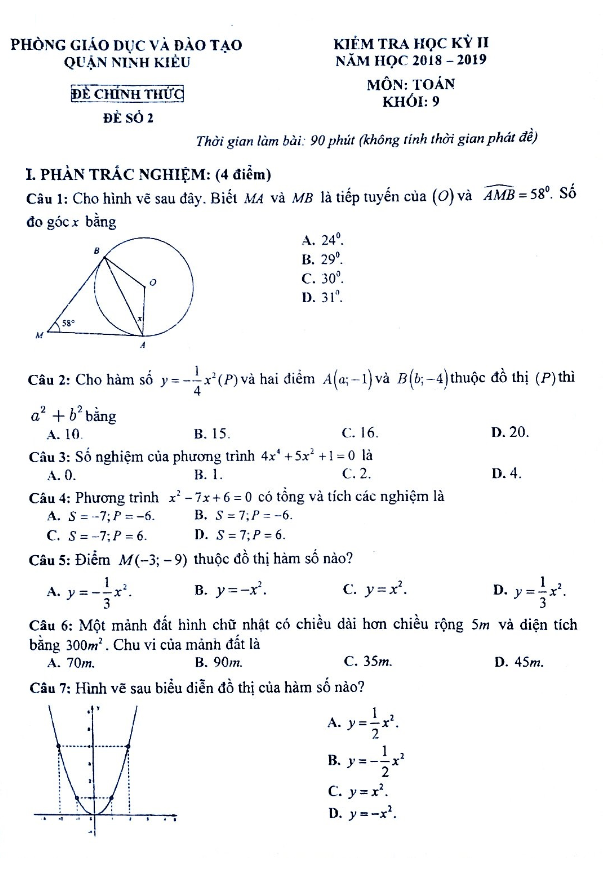 Đề thi HK2 Toán 9 năm 2018 – 2019 phòng GD&ĐT Ninh Kiều – Cần Thơ