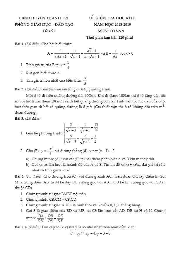 Đề thi HK2 Toán 9 năm 2018 – 2019 phòng GD&ĐT Thanh Trì – Hà Nội