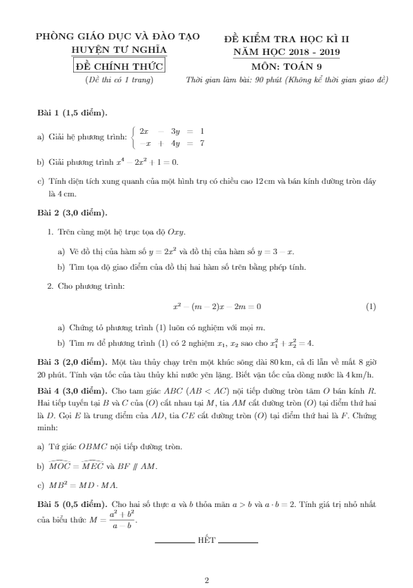 Đề thi HK2 Toán 9 năm 2018 – 2019 phòng GD&ĐT Tư Nghĩa – Quảng Ngãi