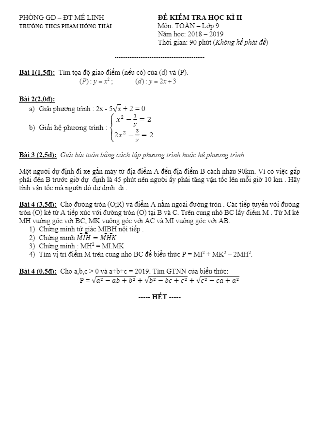 Đề thi HK2 Toán 9 năm 2018 – 2019 trường THCS Phạm Hồng Thái – Hà Nội