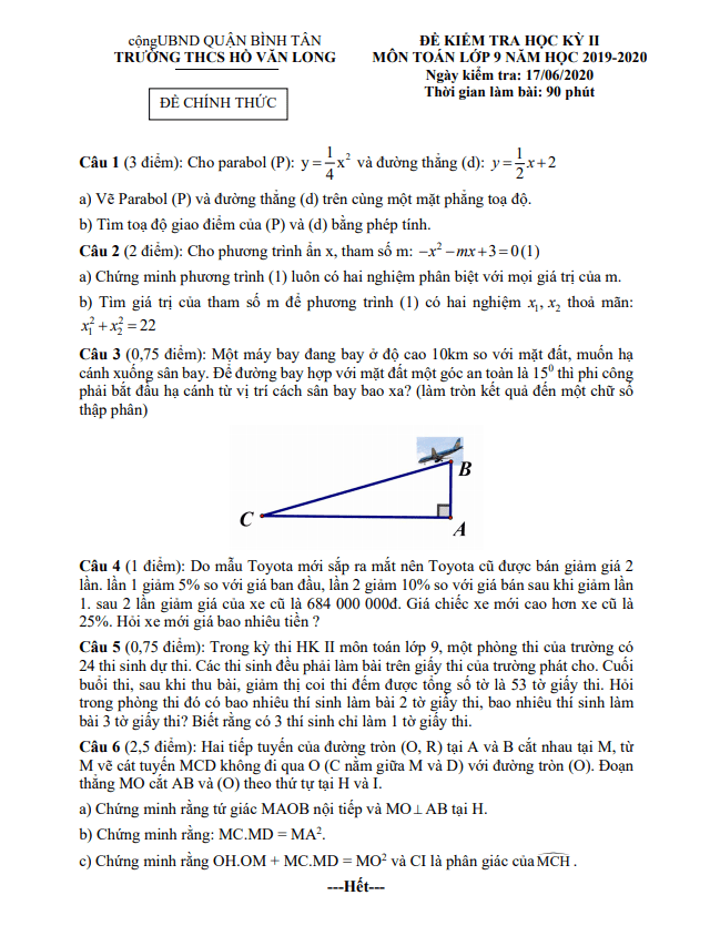 Đề thi HK2 Toán 9 năm 2019 – 2020 trường THCS Hồ Văn Long – TP HCM