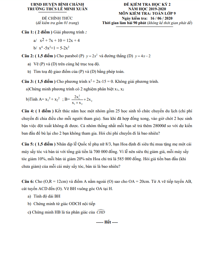 Đề thi HK2 Toán 9 năm 2019 – 2020 trường THCS Lê Minh Xuân – TP HCM