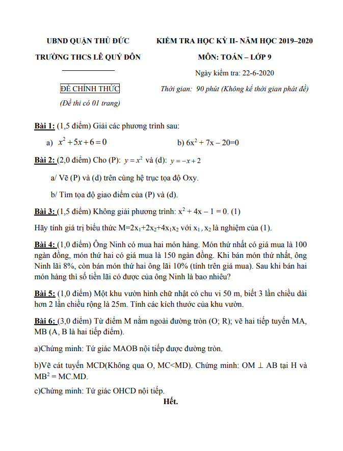 Đề thi HK2 Toán 9 năm 2019 – 2020 trường THCS Lê Quý Đôn – TP HCM