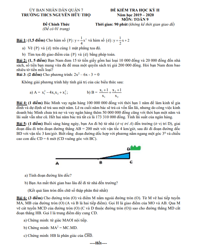 Đề thi HK2 Toán 9 năm 2019 – 2020 trường THCS Nguyễn Hữu Thọ – TP HCM