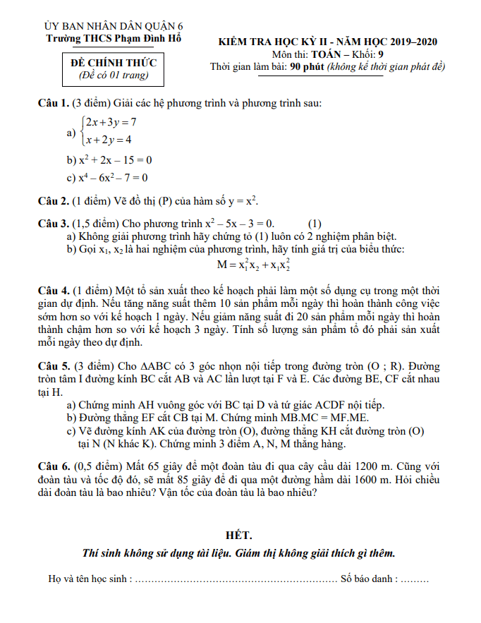 Đề thi HK2 Toán 9 năm 2019 – 2020 trường THCS Phạm Đình Hổ – TP HCM