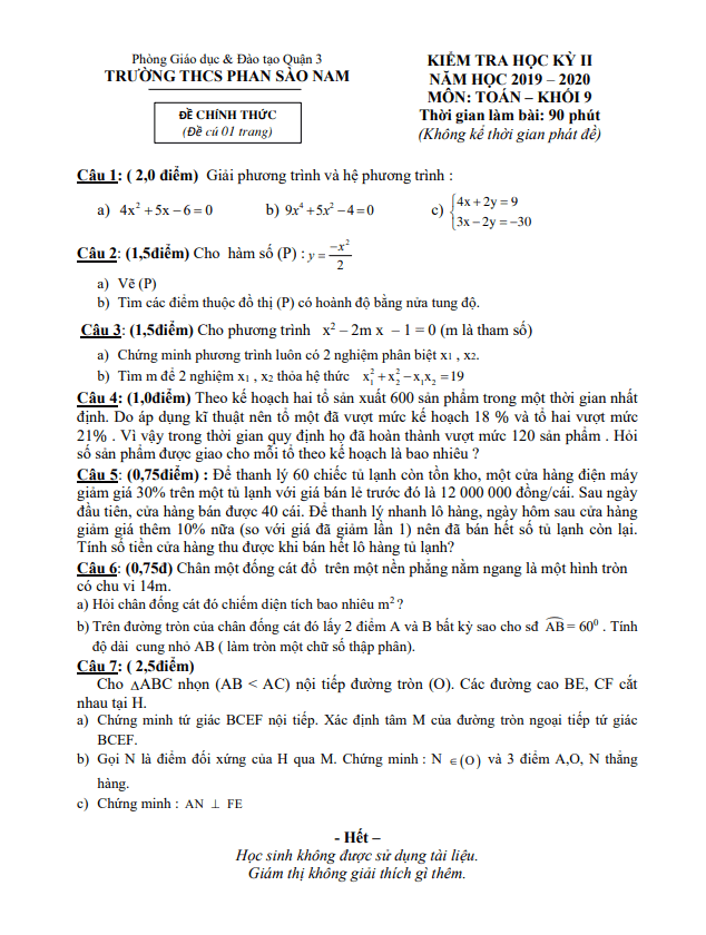 Đề thi HK2 Toán 9 năm 2019 – 2020 trường THCS Phan Sào Nam – TP HCM