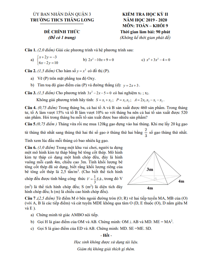 Đề thi HK2 Toán 9 năm 2019 – 2020 trường THCS Thăng Long – TP HCM