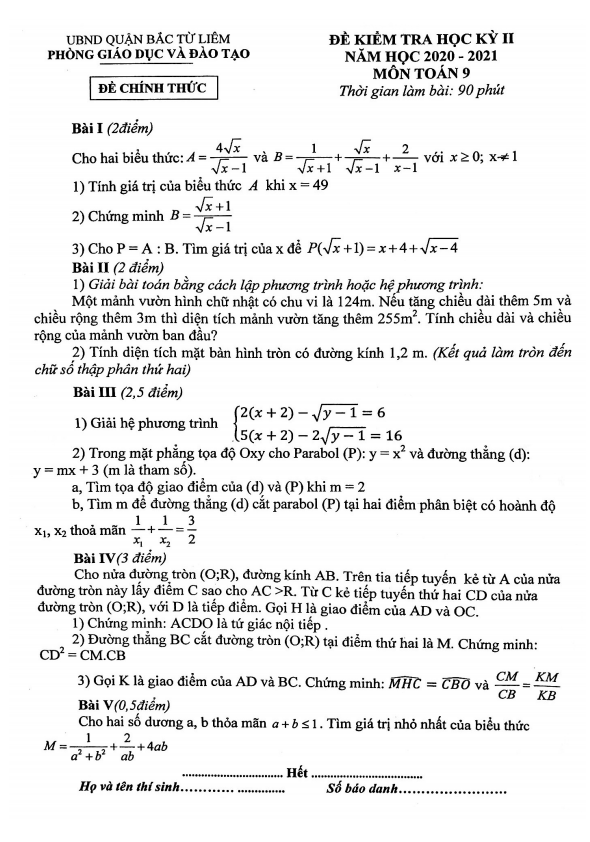 Đề thi HK2 Toán 9 năm 2020 – 2021 phòng GD&ĐT Bắc Từ Liêm – Hà Nội
