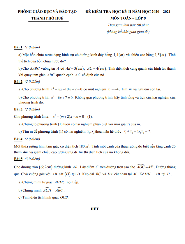 Đề thi HK2 Toán 9 năm 2020 – 2021 phòng GD&ĐT thành phố Huế