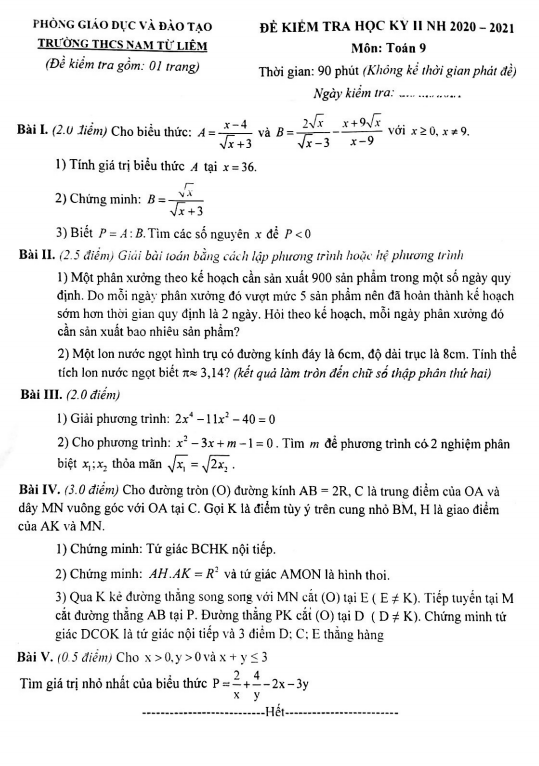 Đề thi HK2 Toán 9 năm 2020 – 2021 trường THCS Nam Từ Liêm – Hà Nội